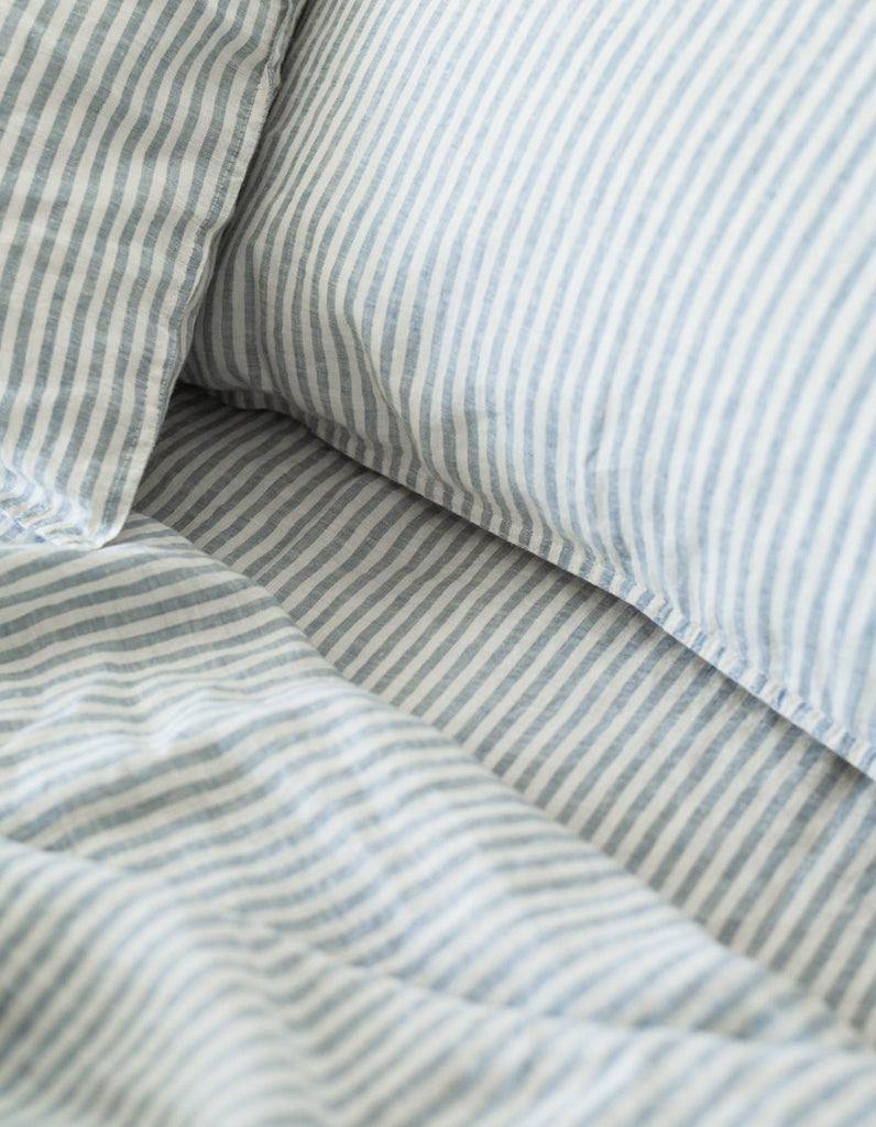 Fitted Sheet in French Blue Thin Stripe - Linen Bedding - Single to Su…