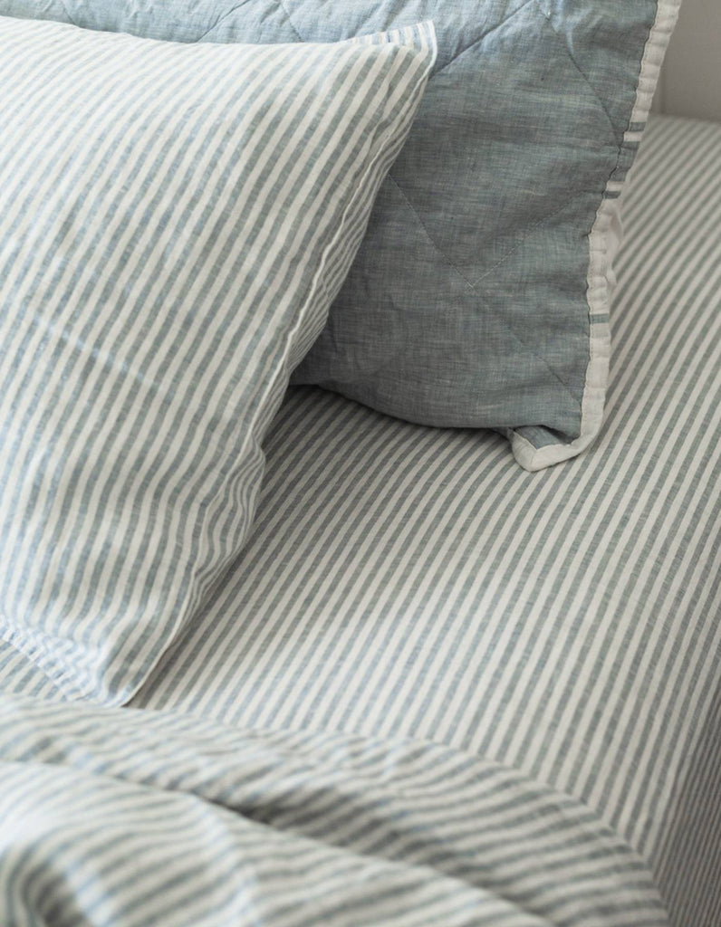 Fitted Sheet in French Blue Thin Stripe - Linen Bedding - Single to Su…
