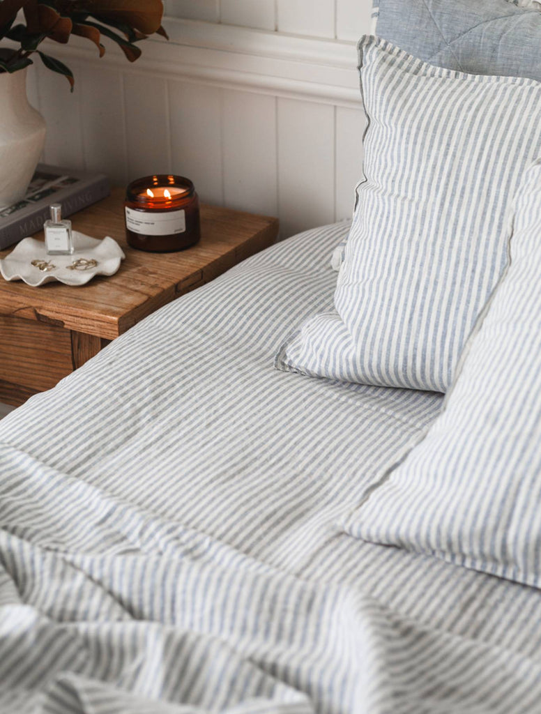 Fitted Sheet in French Blue Thin Stripe - Linen Bedding - Single to Su…