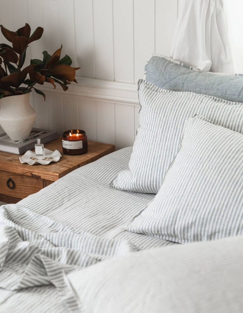 Fitted Sheet in French Blue Thin Stripe - Linen Bedding - Single to Su…