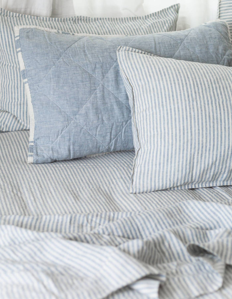 Fitted Sheet in French Blue Thin Stripe - Linen Bedding - Single to Su…