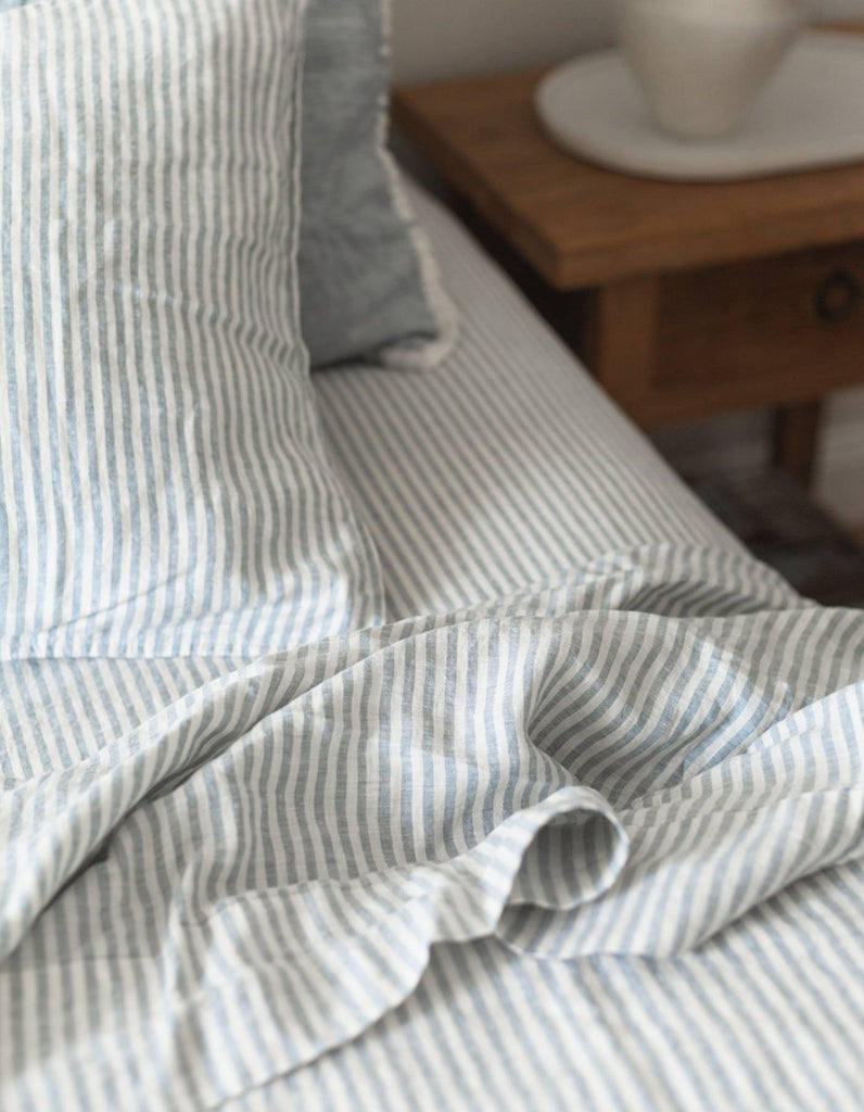 Sheet Set in French Blue Thin Stripe – Linen Bedding 
