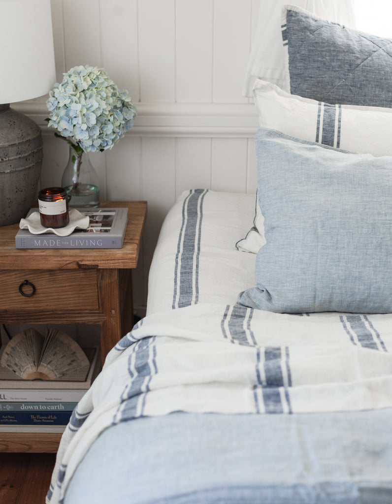 Linen indigo ticking stripe fitted sheet by Salt Living