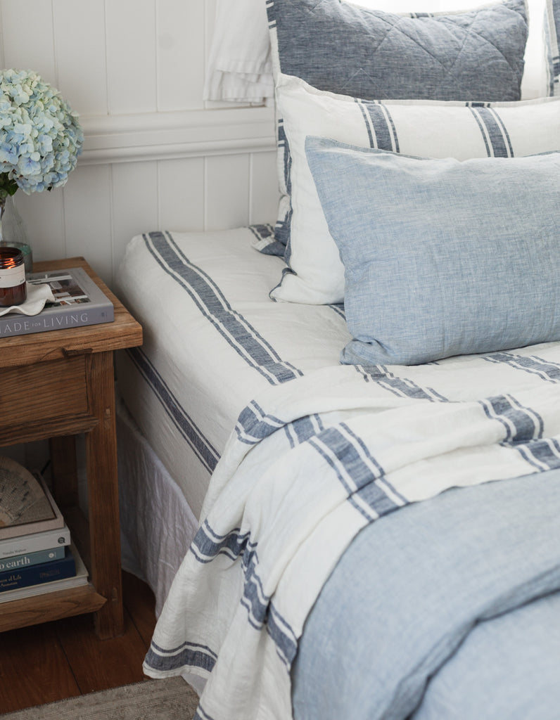 Linen indigo ticking stripe fitted sheet by Salt Living