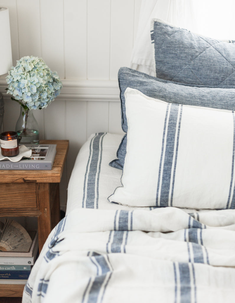 Linen indigo ticking stripe fitted sheet by Salt Living