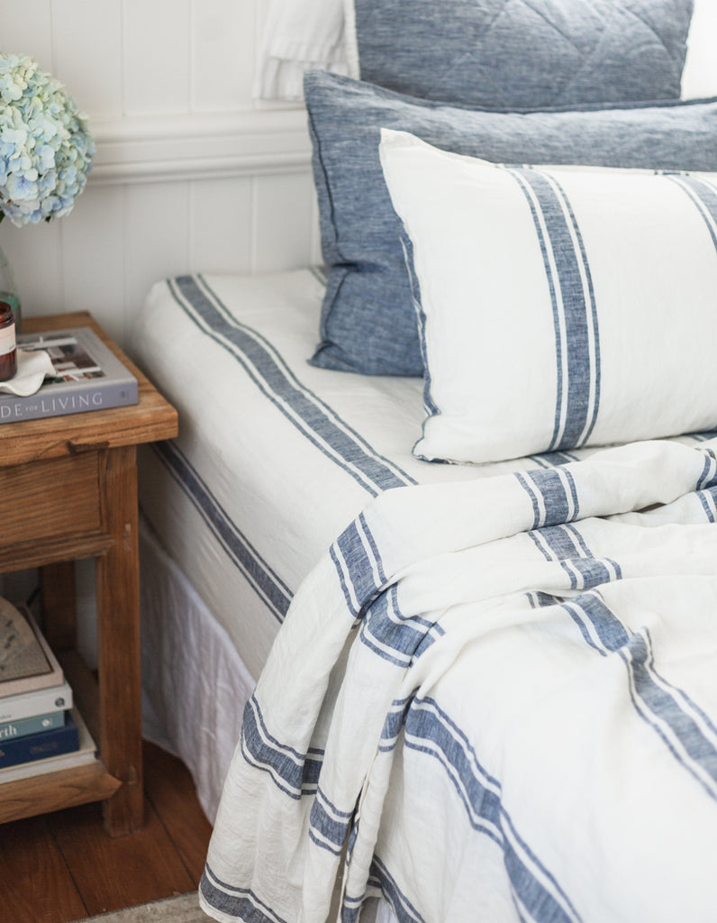 Linen indigo ticking stripe fitted sheet by Salt Living