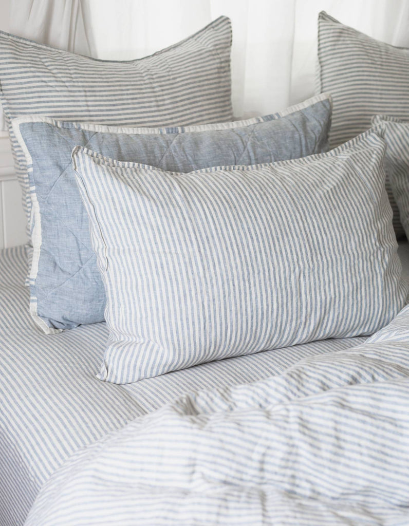 French Blue Thin Stripe Duvet Cover Set - Linen Bedding - Single to Super King