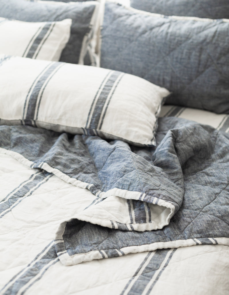 Indigo Ticking Stripe linen quilt by Salt Living