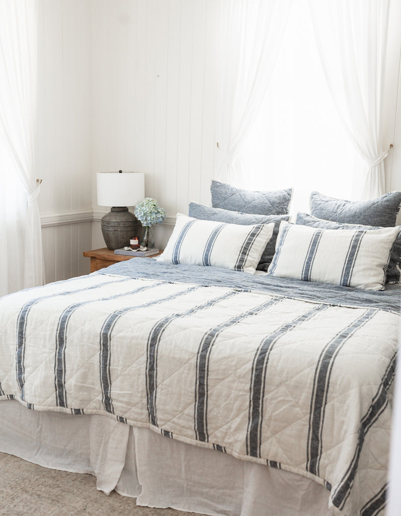 Indigo Ticking Stripe linen quilt by Salt Living