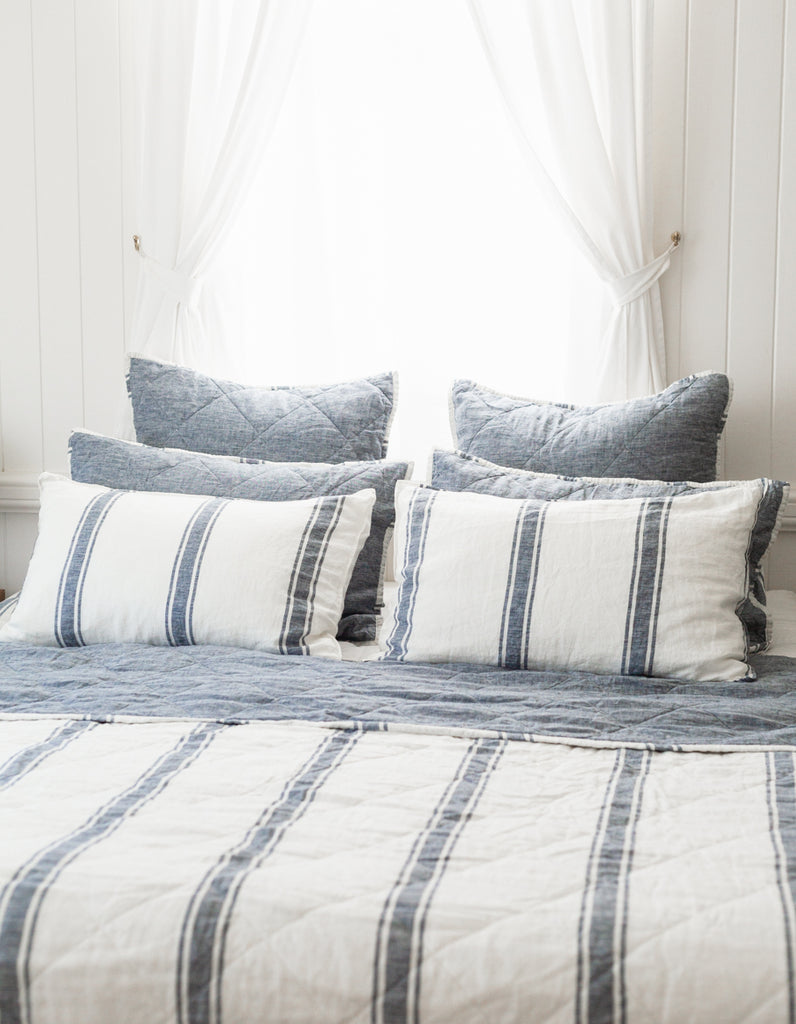 Indigo Ticking Stripe linen quilt by Salt Living