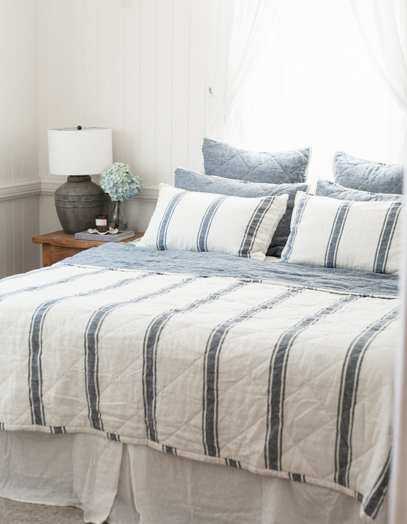 Indigo Ticking Stripe linen quilt by Salt Living