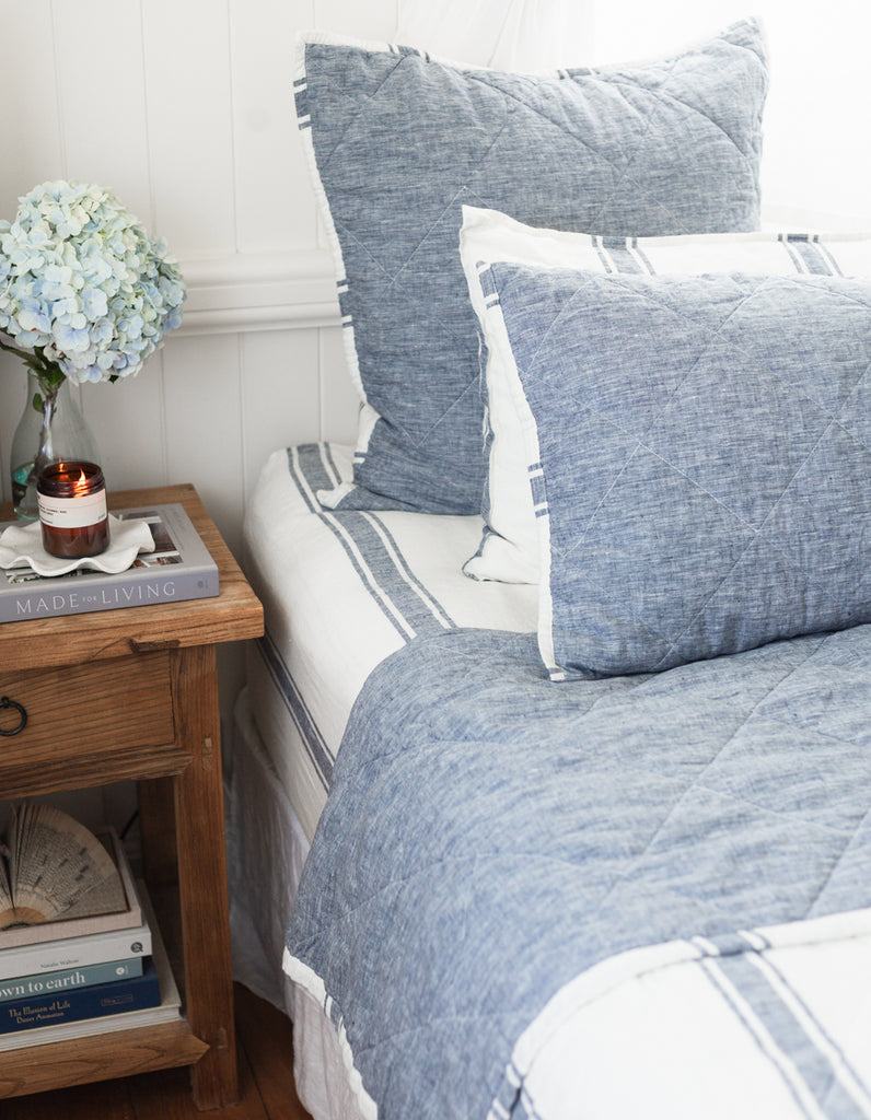 Indigo Ticking Stripe linen quilt by Salt Living