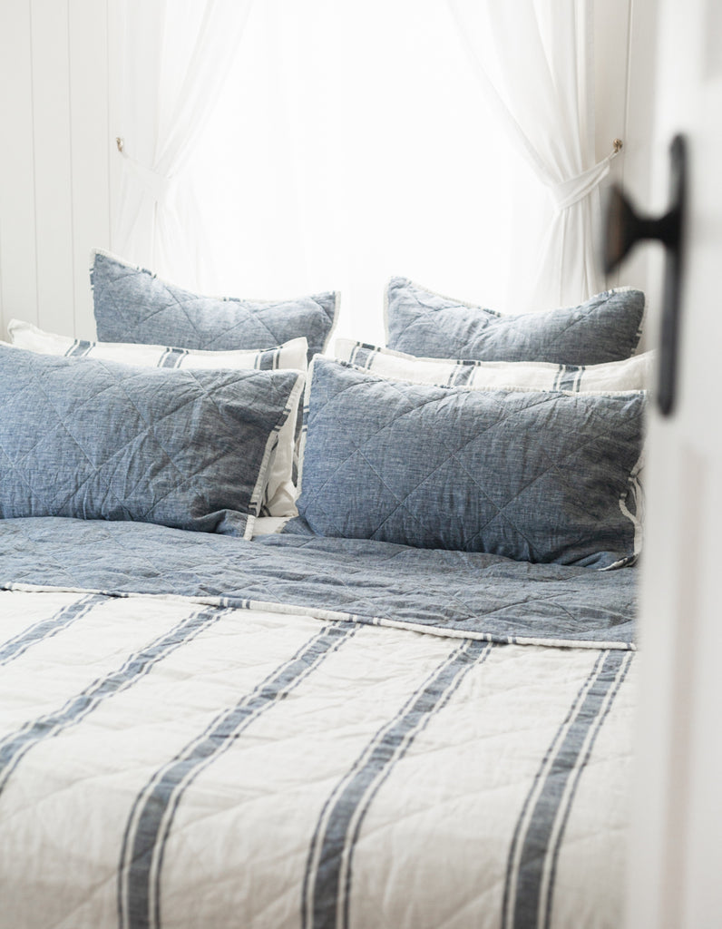 Indigo Ticking Stripe linen quilt by Salt Living