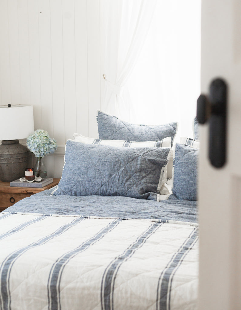 Indigo Ticking Stripe linen quilt by Salt Living