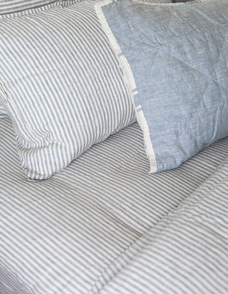 Fitted Sheet in French Blue Thin Stripe - Linen Bedding - Single to Su…