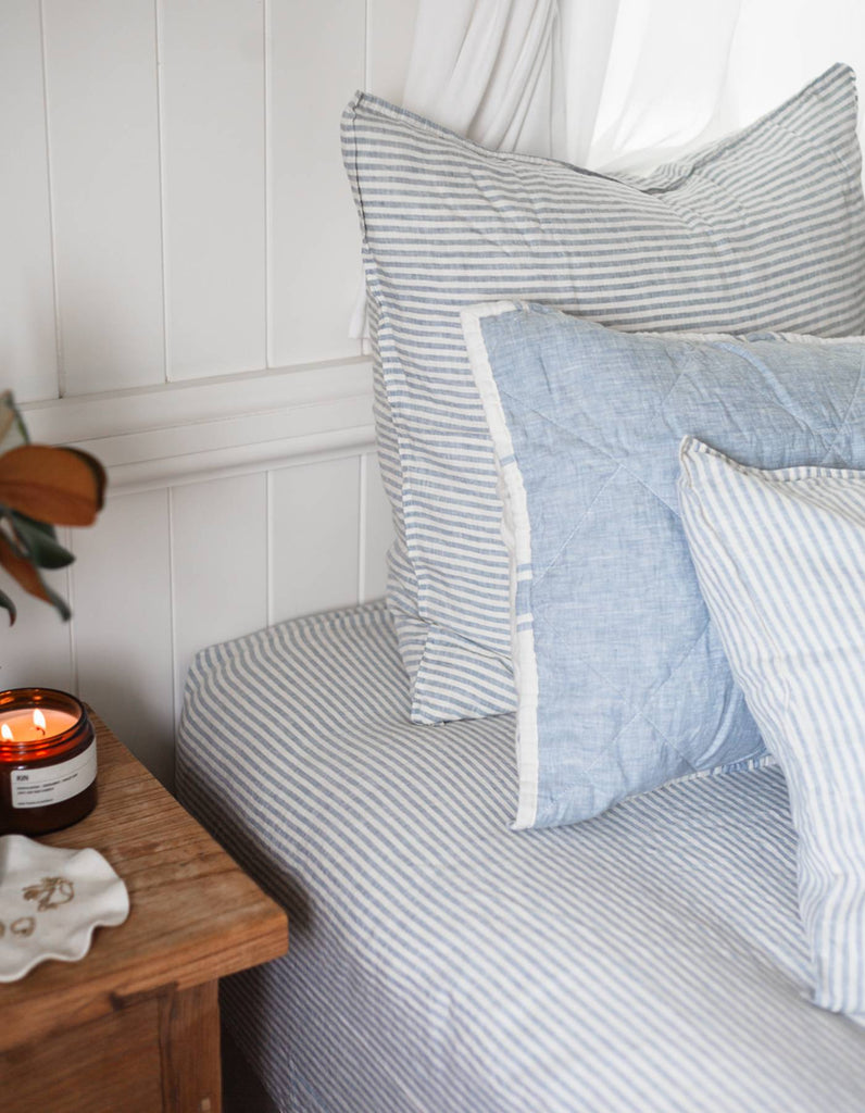 Fitted Sheet in French Blue Thin Stripe - Linen Bedding - Single to Su…