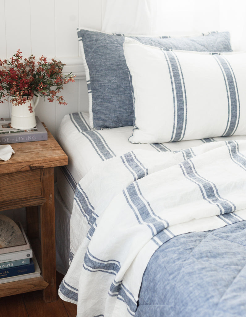 Linen indigo ticking stripe fitted sheet by Salt Living