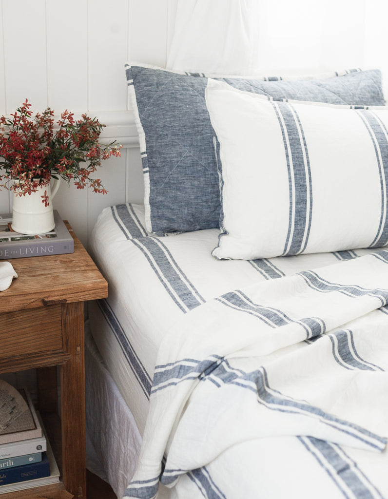 Linen indigo ticking stripe fitted sheet by Salt Living