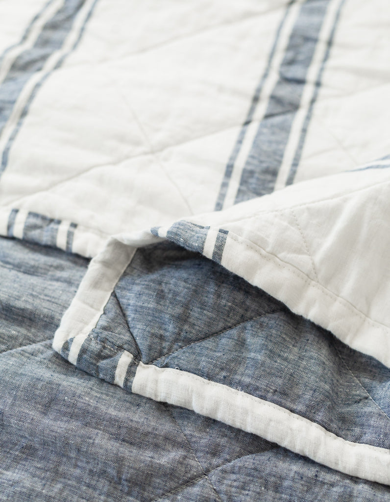 Indigo Ticking Stripe linen quilt by Salt Living