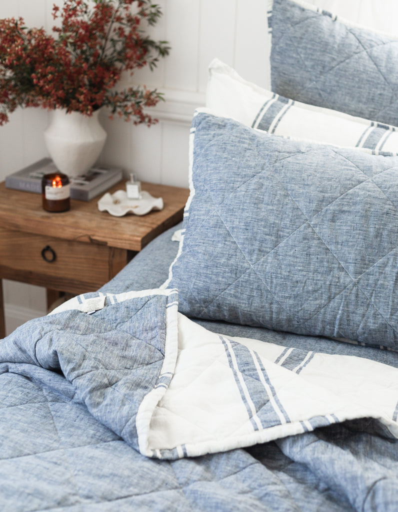 Indigo Ticking Stripe linen quilt by Salt Living