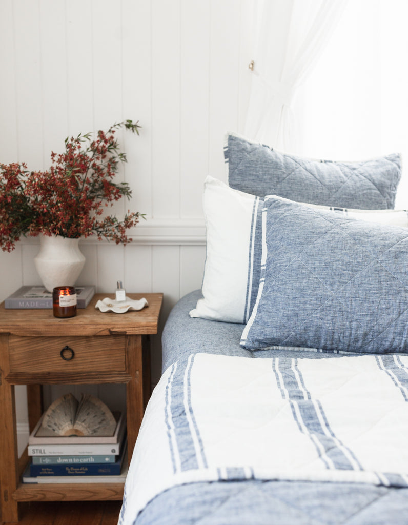 Indigo Ticking Stripe linen quilt by Salt Living
