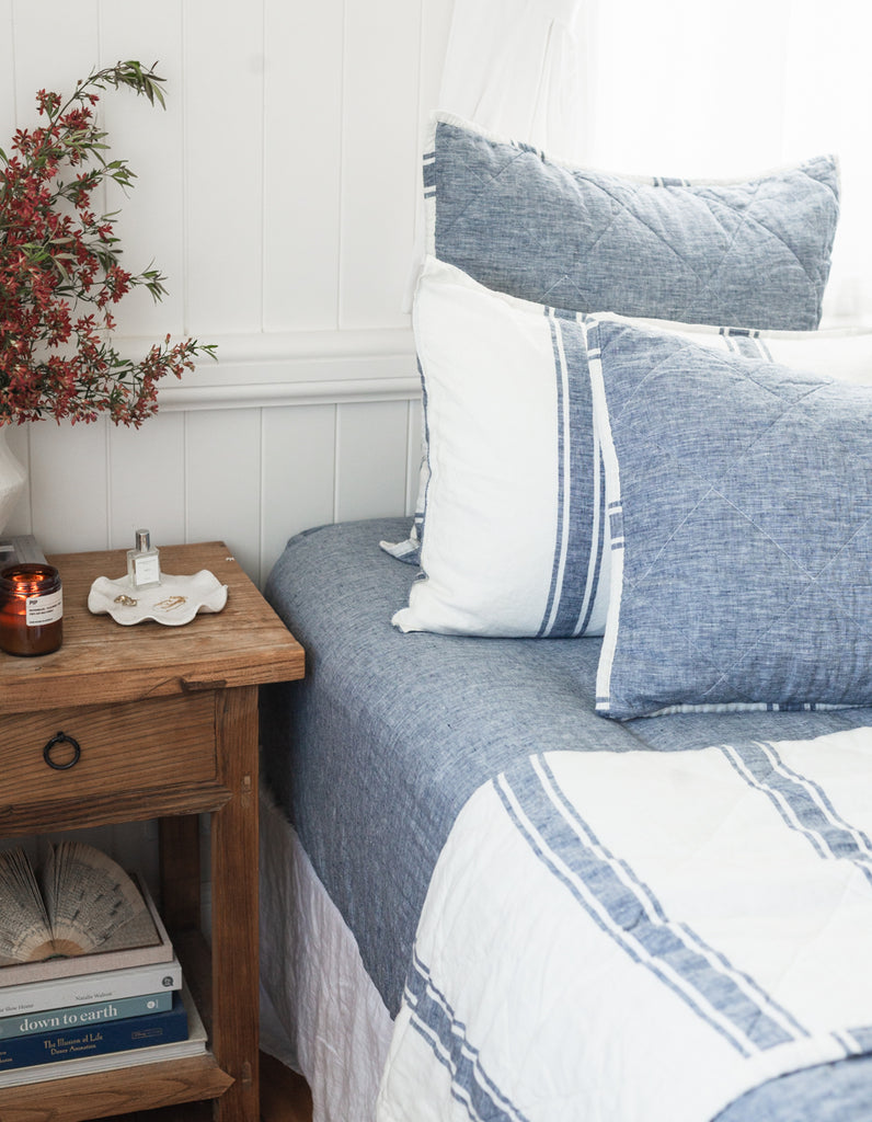 Indigo Ticking Stripe linen quilt by Salt Living
