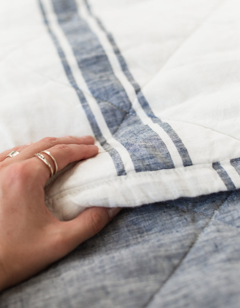 Indigo Ticking Stripe linen quilt by Salt Living