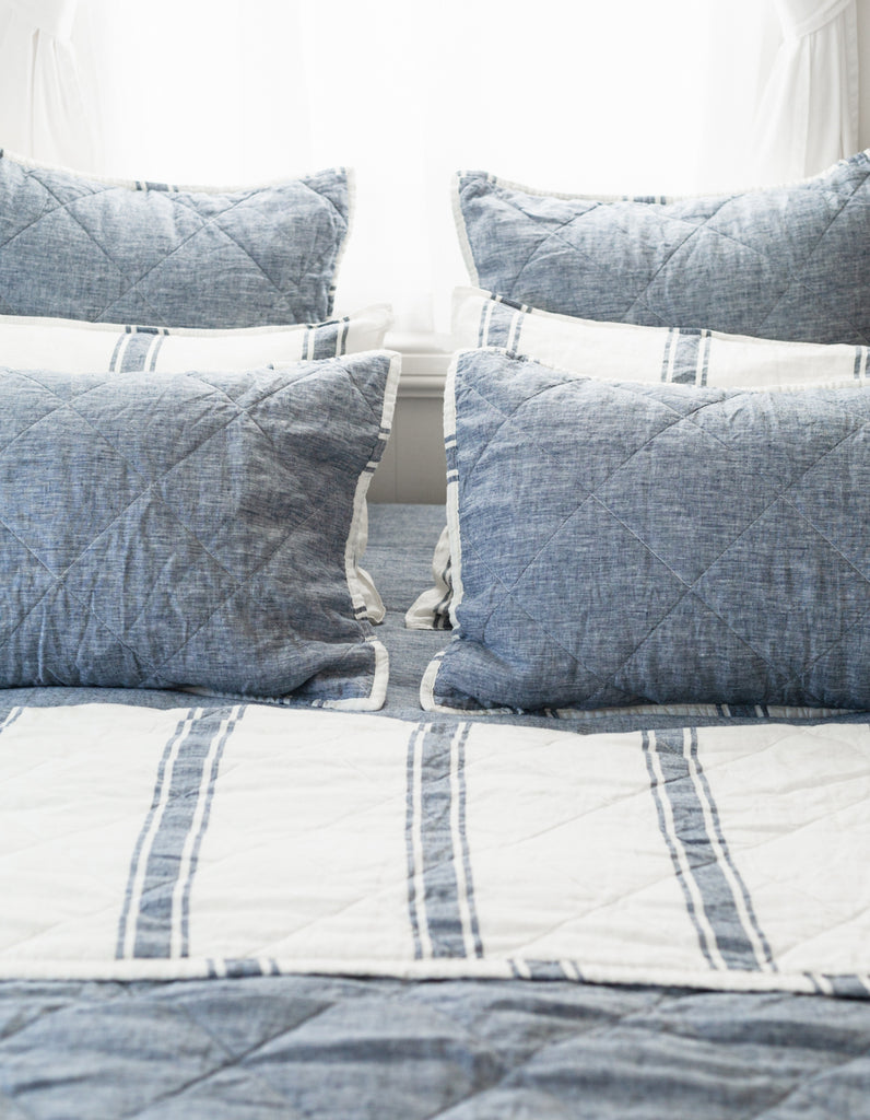 Indigo Ticking Stripe linen quilt by Salt Living