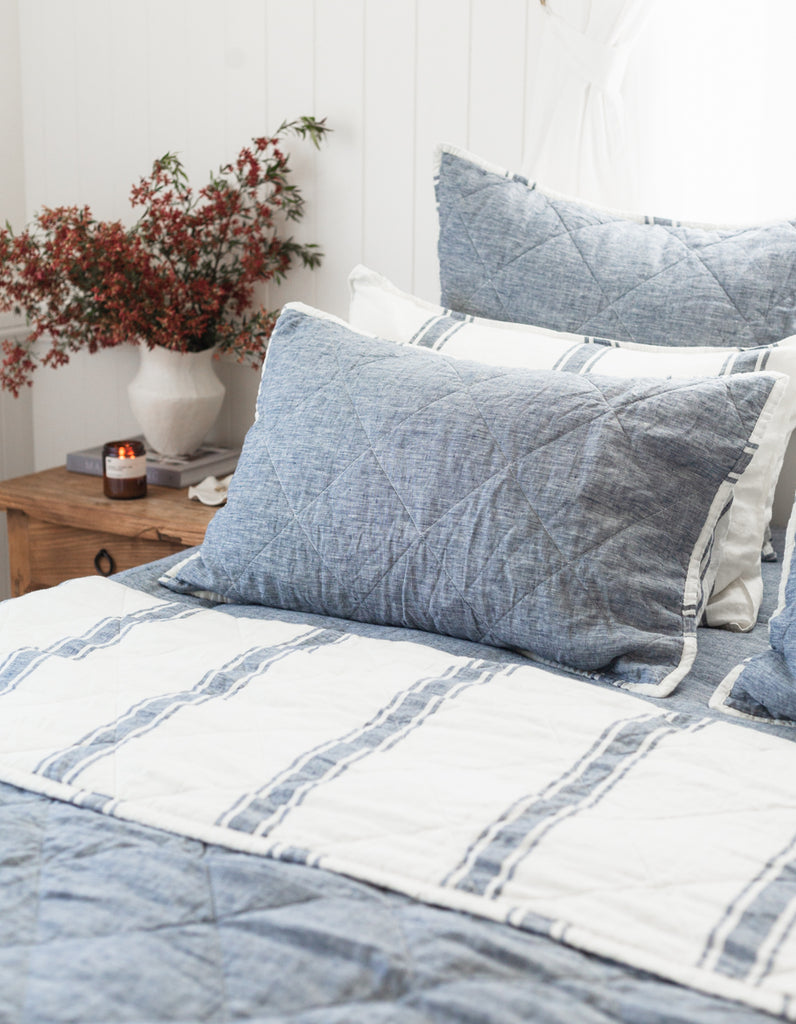 Indigo Ticking Stripe linen quilt by Salt Living