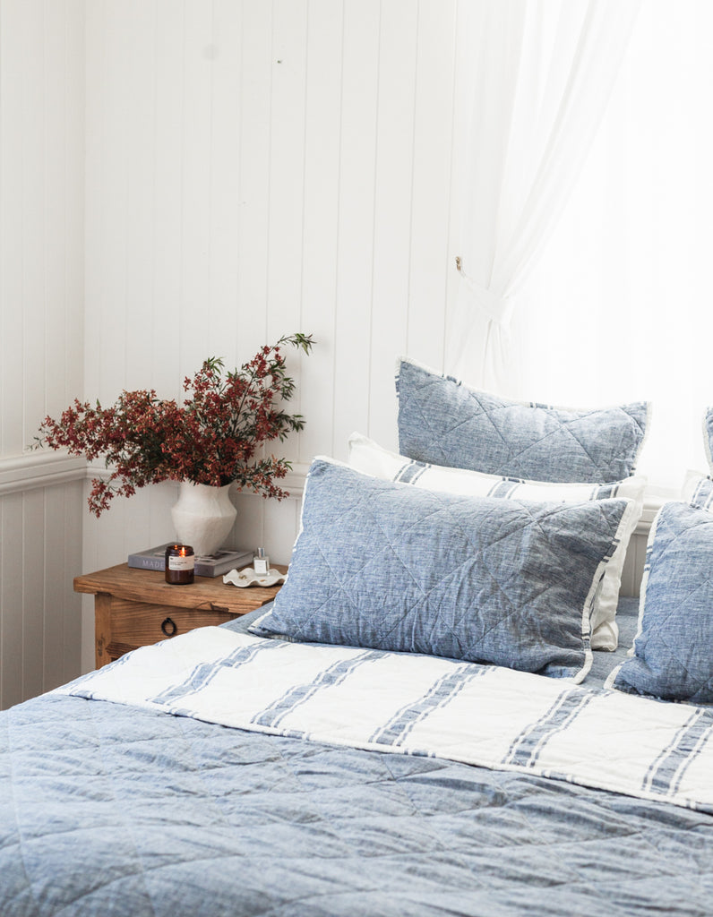 Indigo Ticking Stripe linen quilt by Salt Living