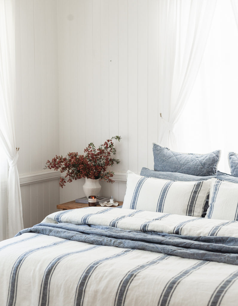 Indigo Ticking Stripe linen Duvet Cover Set by Salt Living