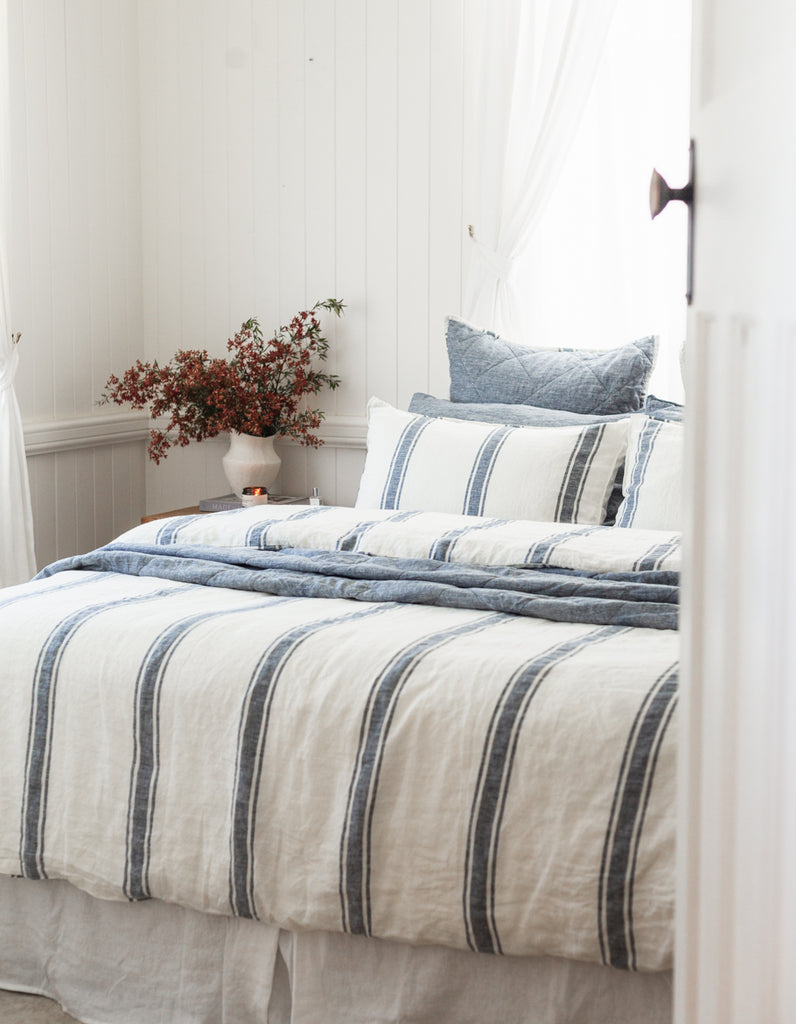 Indigo Ticking Stripe linen Duvet Cover Set by Salt Living