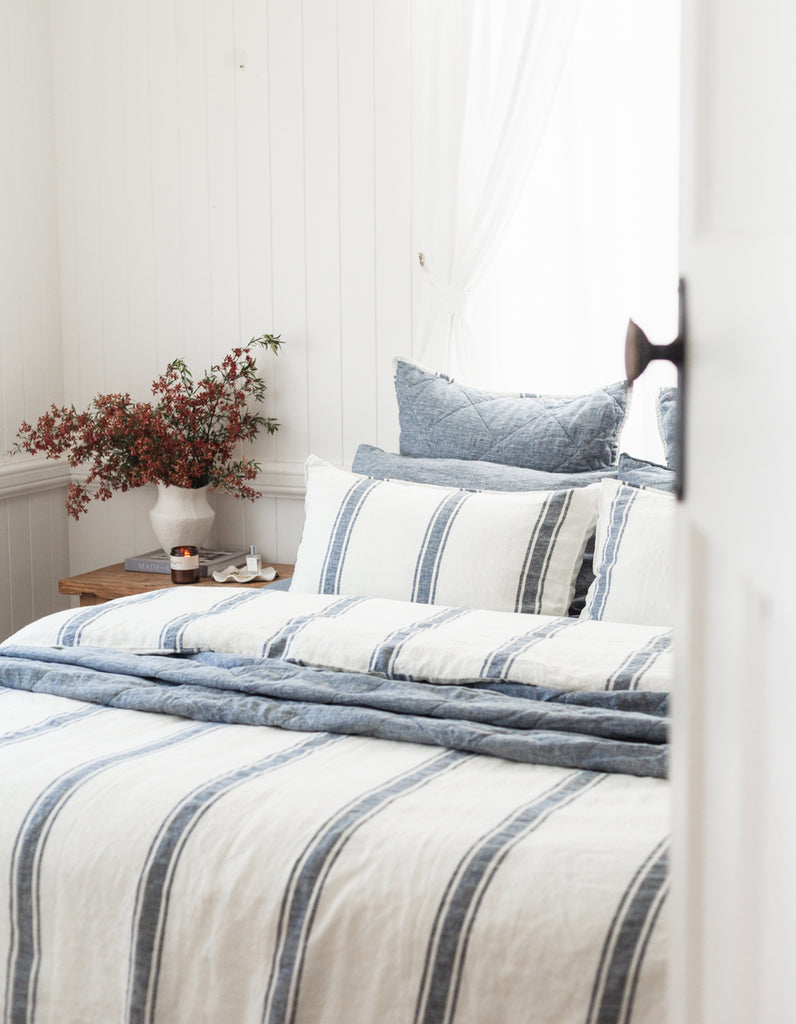 Indigo Ticking Stripe linen Duvet Cover Set by Salt Living