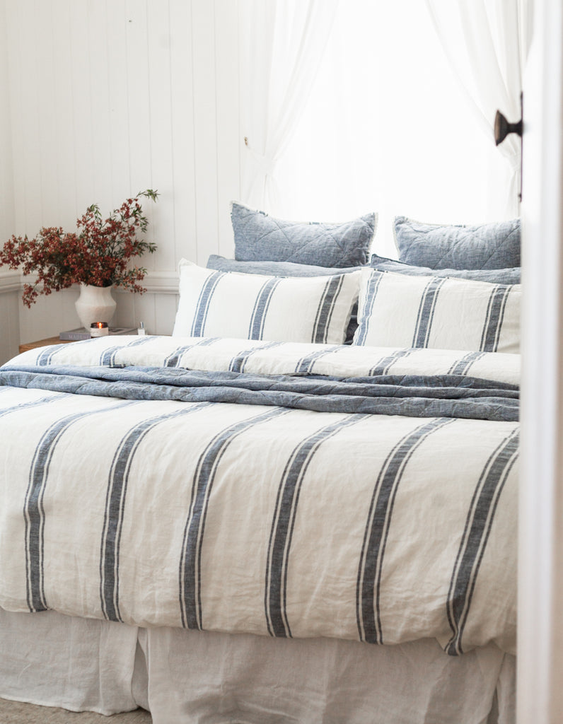 Indigo Ticking Stripe linen Duvet Cover Set by Salt Living