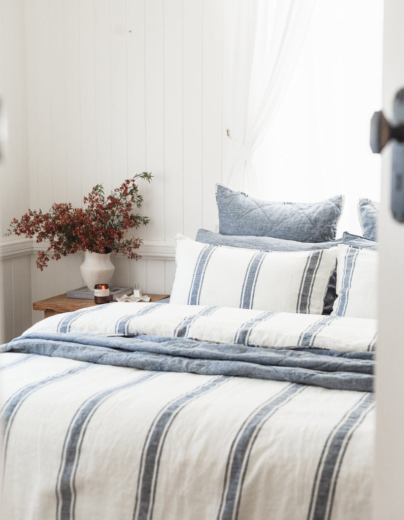 Indigo Ticking Stripe linen Duvet Cover Set by Salt Living