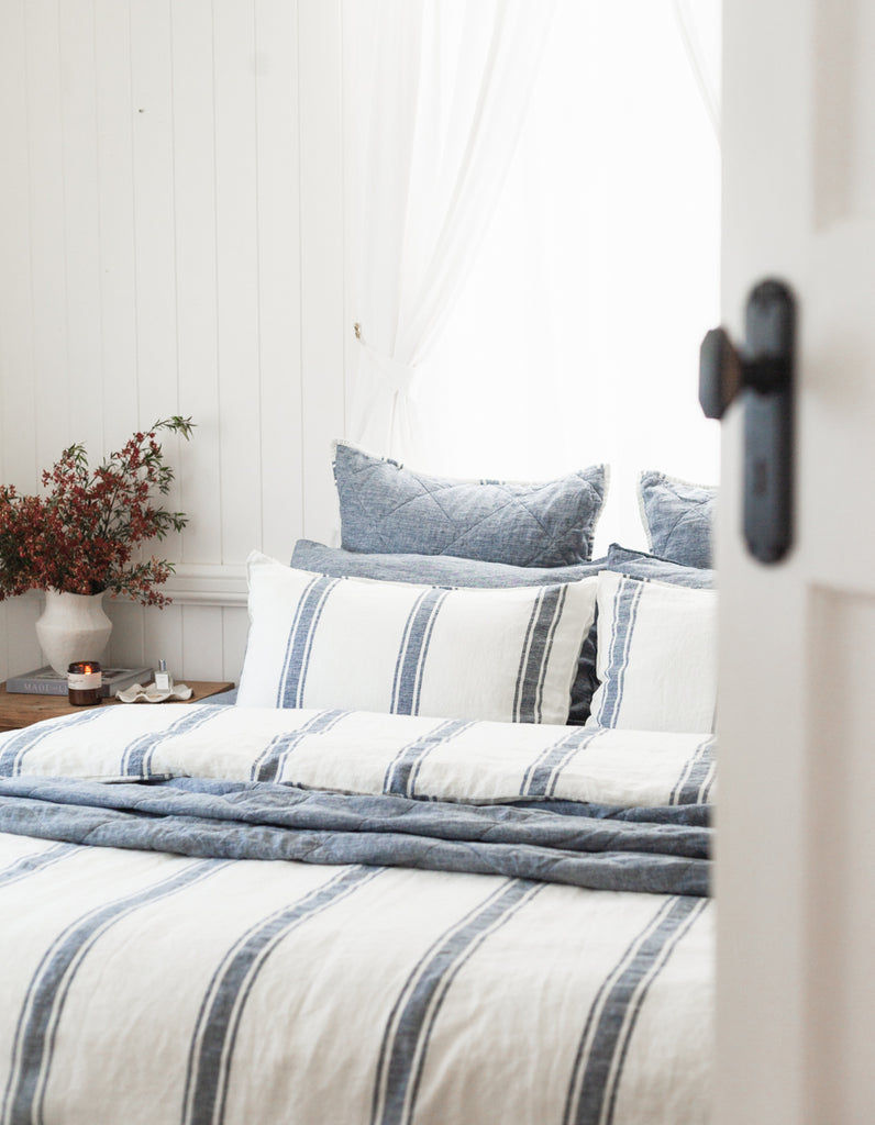 Indigo Ticking Stripe linen Duvet Cover Set by Salt Living