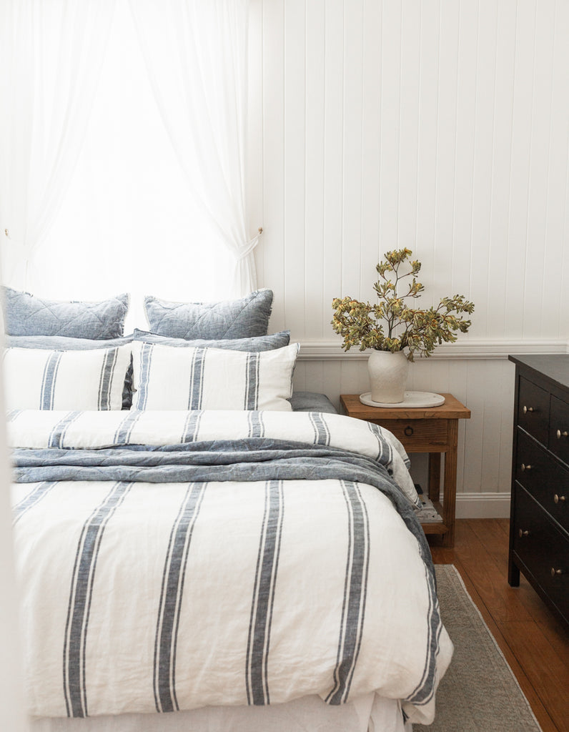 Indigo Ticking Stripe linen Duvet Cover Set by Salt Living