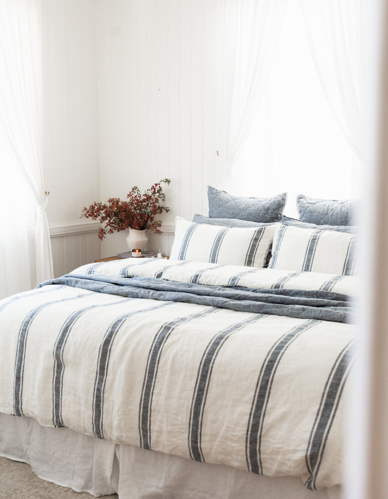 Indigo Ticking Stripe linen Duvet Cover Set by Salt Living