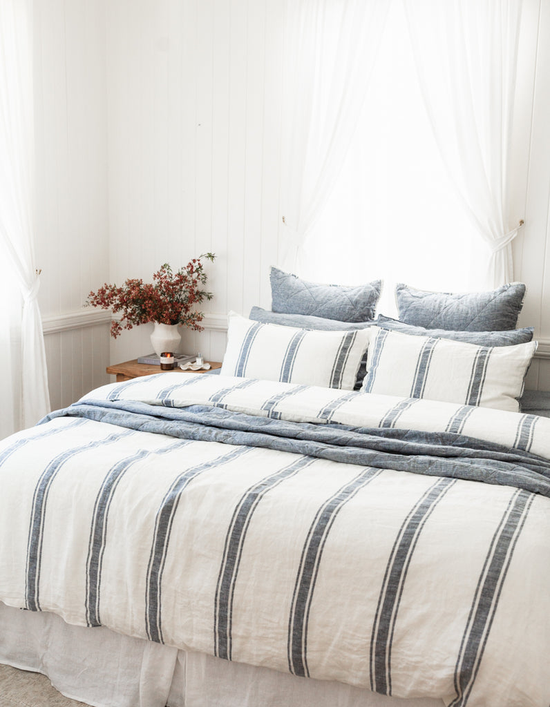 Indigo Ticking Stripe linen Duvet Cover Set by Salt Living