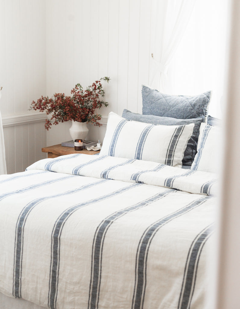 Indigo Ticking Stripe linen Duvet Cover Set by Salt Living