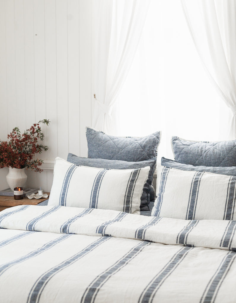 Indigo Ticking Stripe linen Duvet Cover Set by Salt Living