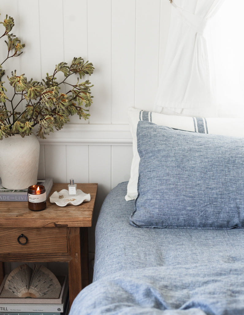 Yarn dyed indigo linen fitted sheet by Salt Living