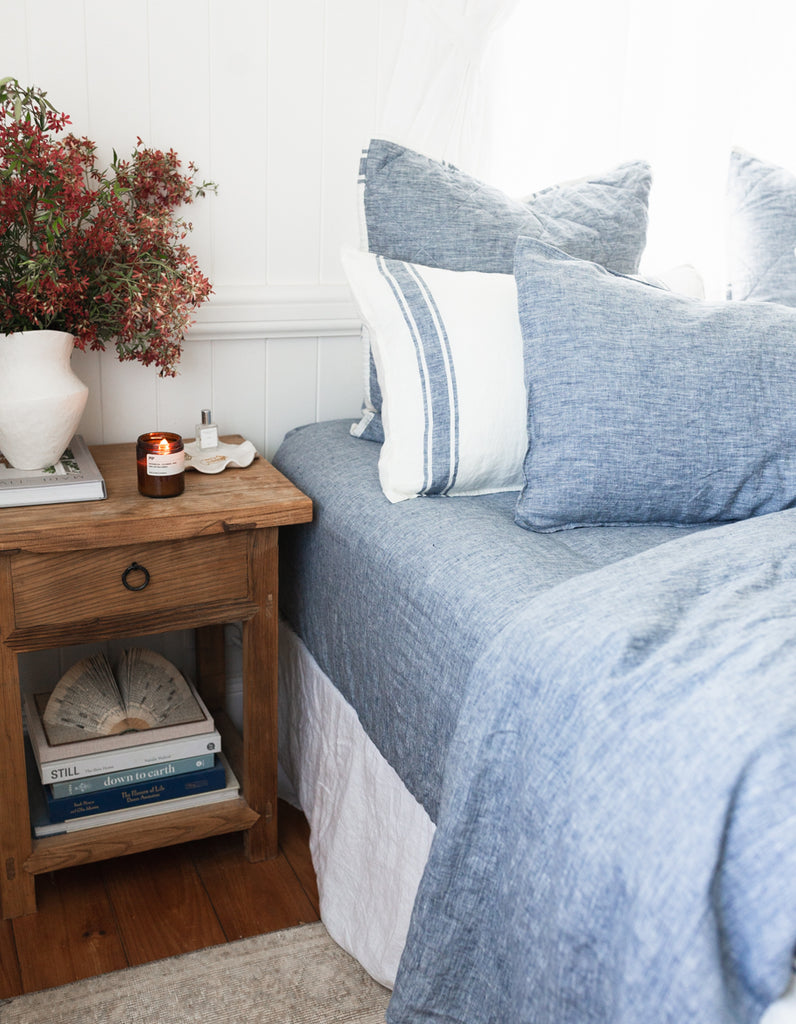 Yarn dyed indigo linen fitted sheet by Salt Living