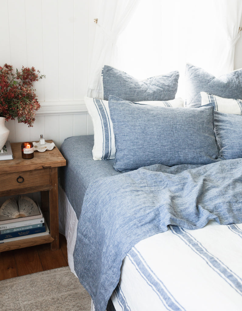 Yarn dyed indigo linen fitted sheet by Salt Living