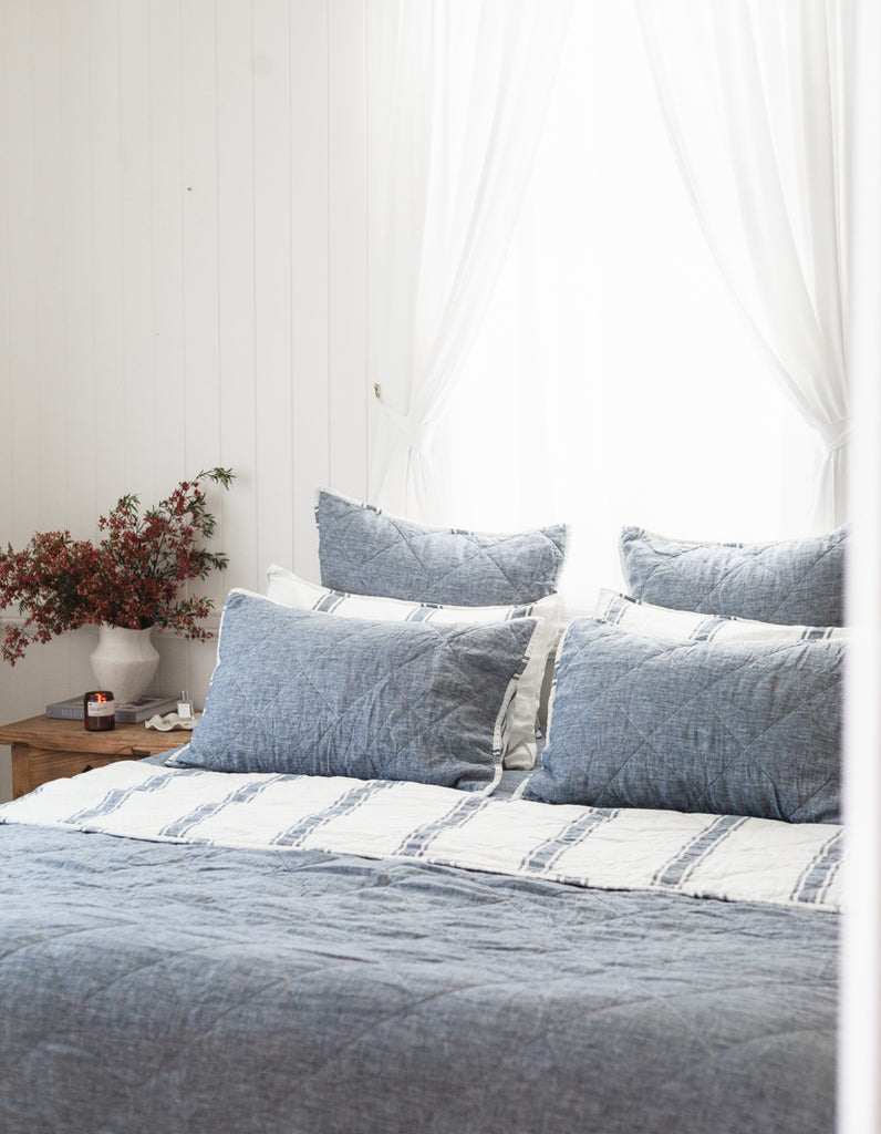 Indigo Ticking Stripe linen quilt by Salt Living