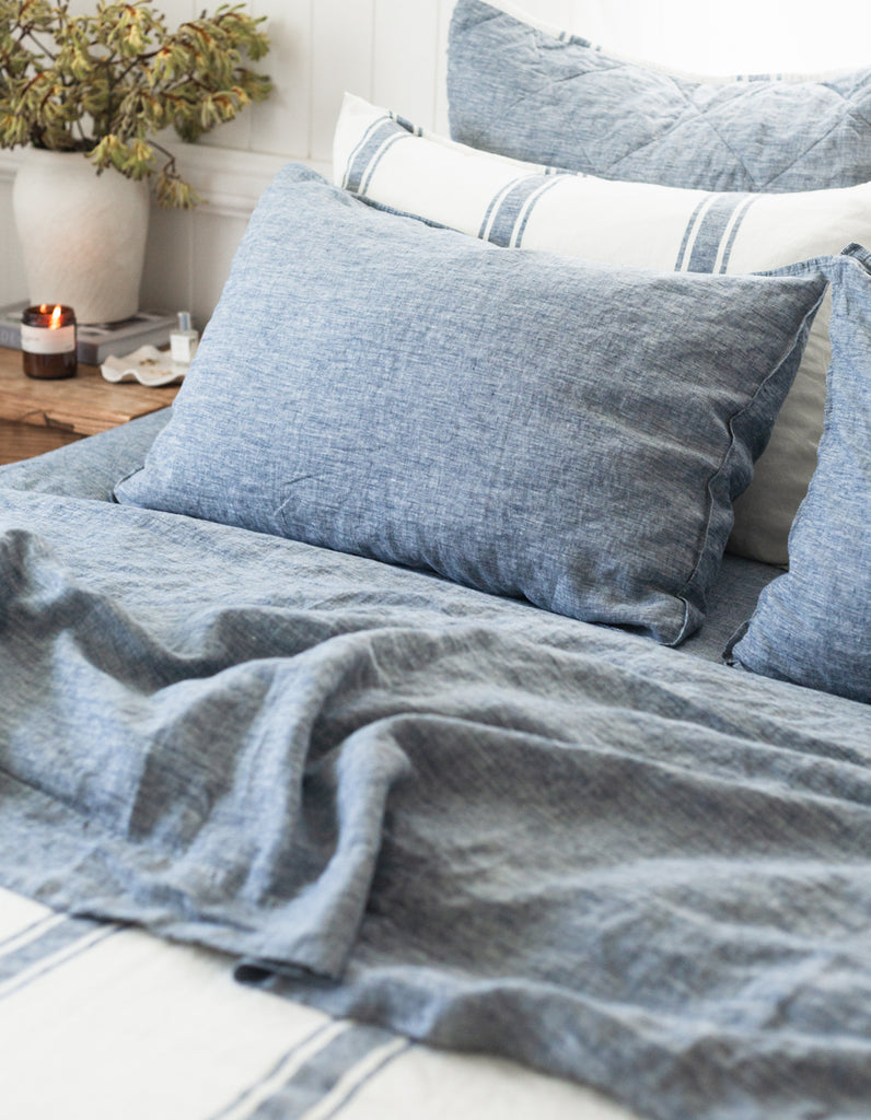 Yarn dyed indigo linen sheet set by Salt Living