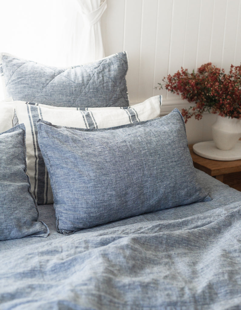 Yarn dyed indigo linen sheet set by Salt Living