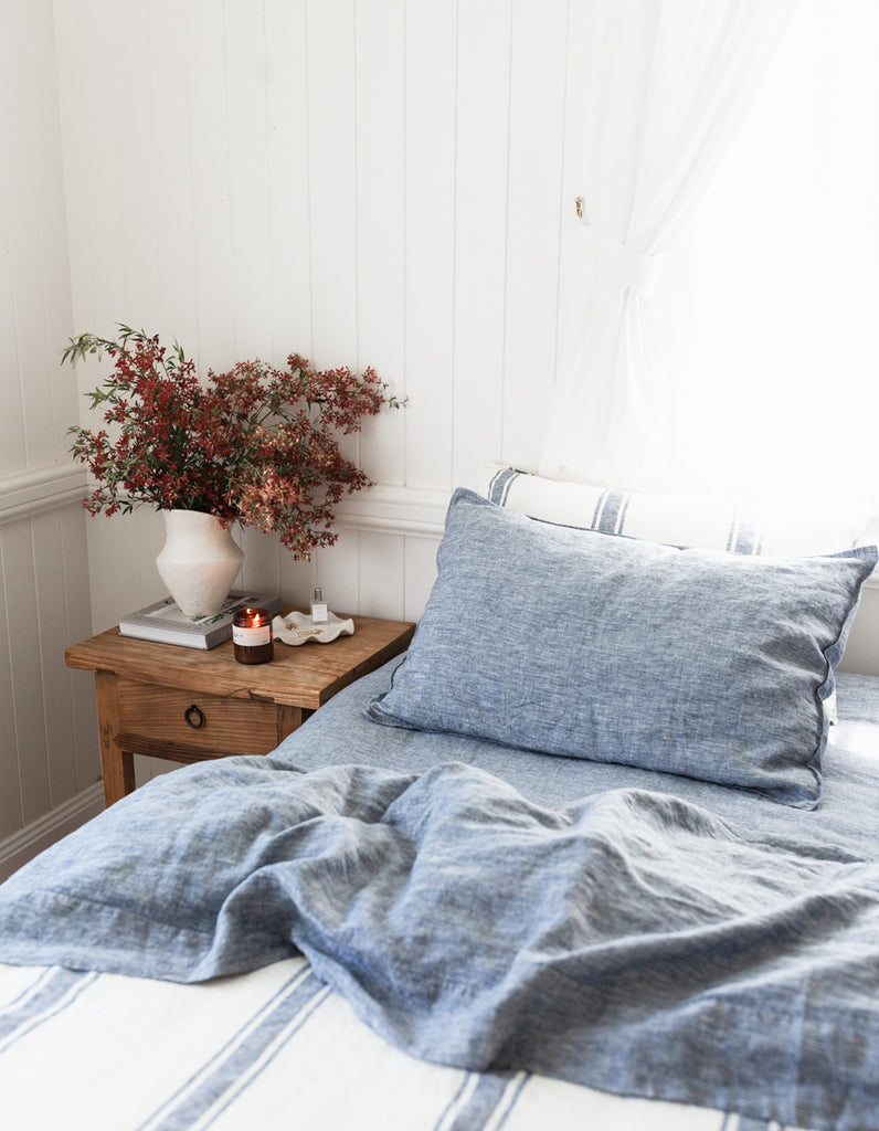 Yarn dyed indigo linen sheet set by Salt Living