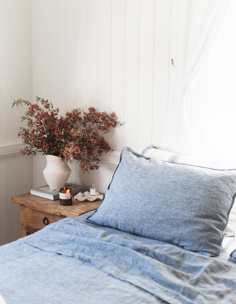 Yarn dyed indigo linen sheet set by Salt Living