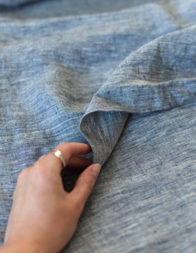 Yarn dyed indigo linen sheet set by Salt Living